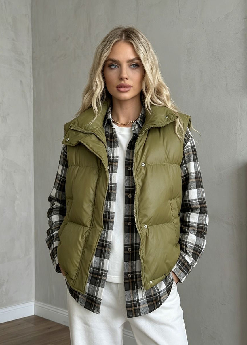 Stand Collar Puffer Vest with Zip Front and Side Pockets