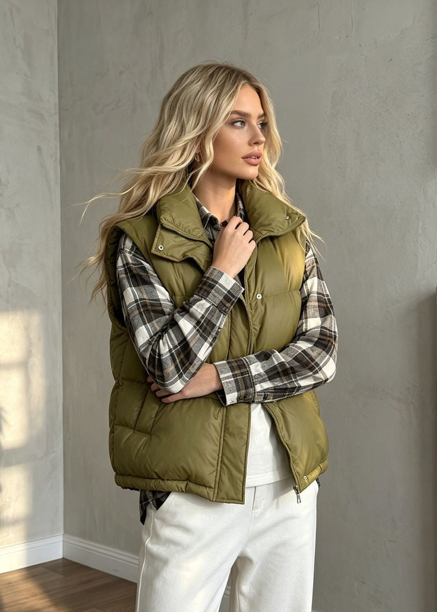 Stand Collar Puffer Vest with Zip Front and Side Pockets