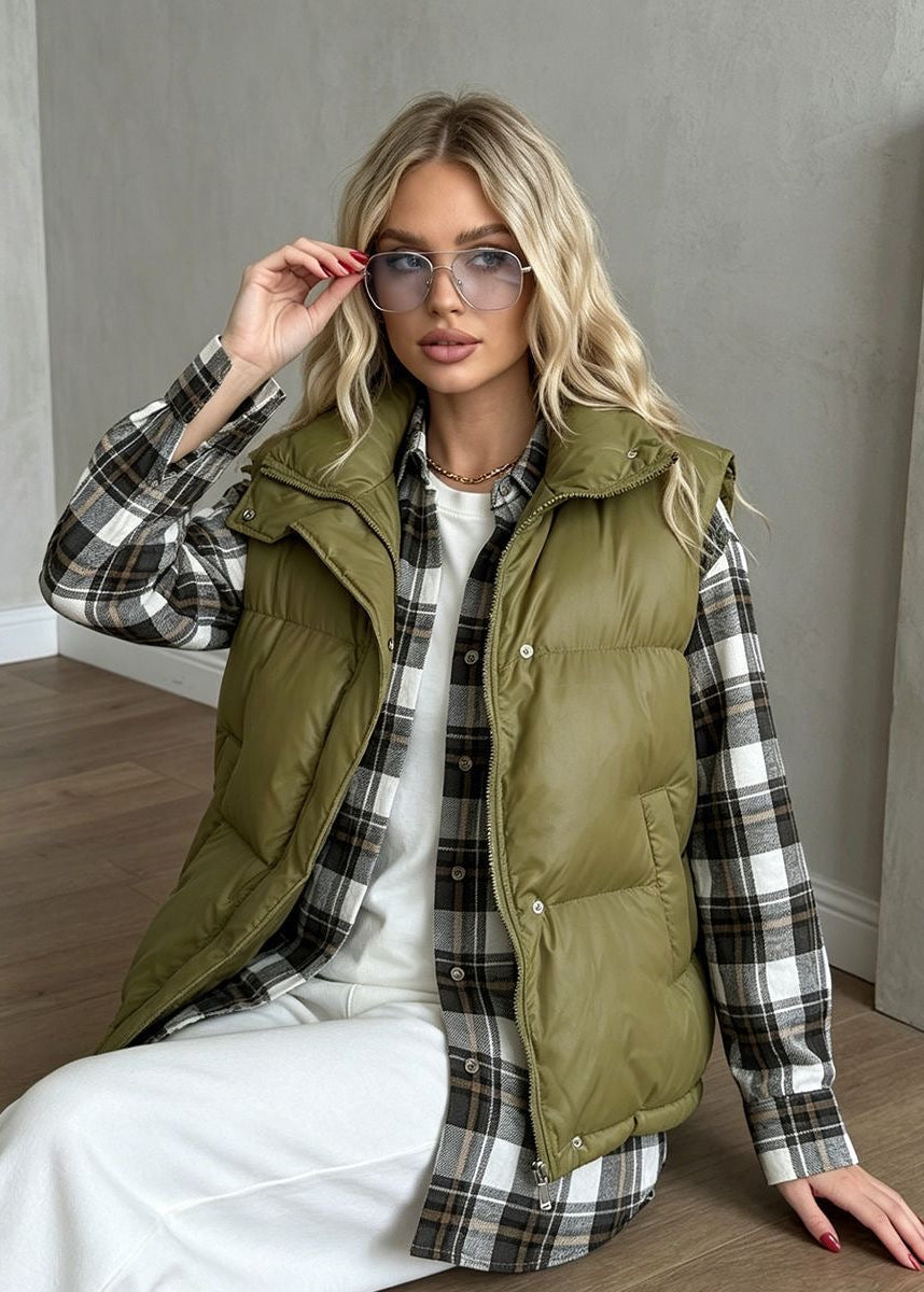 Stand Collar Puffer Vest with Zip Front and Side Pockets