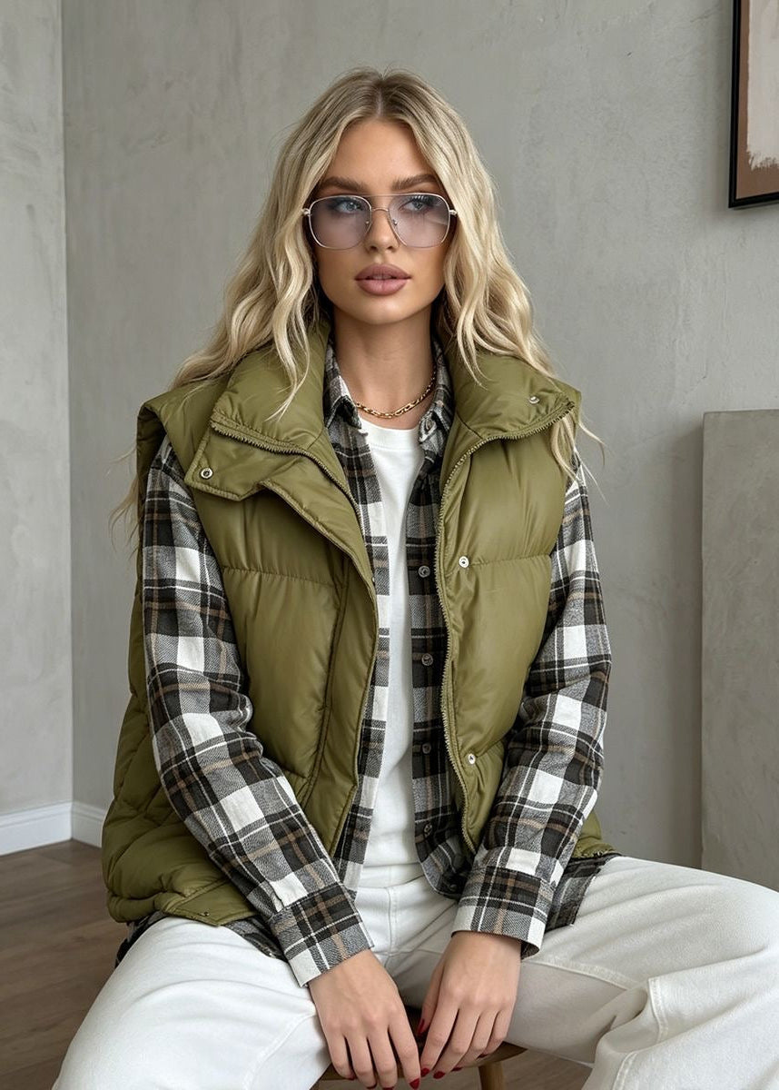 Stand Collar Puffer Vest with Zip Front and Side Pockets