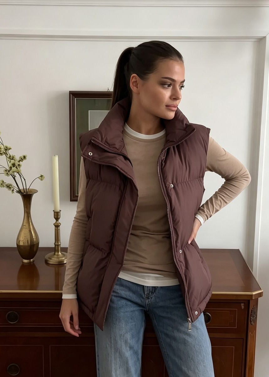 Stand Collar Puffer Vest with Zip Front and Side Pockets