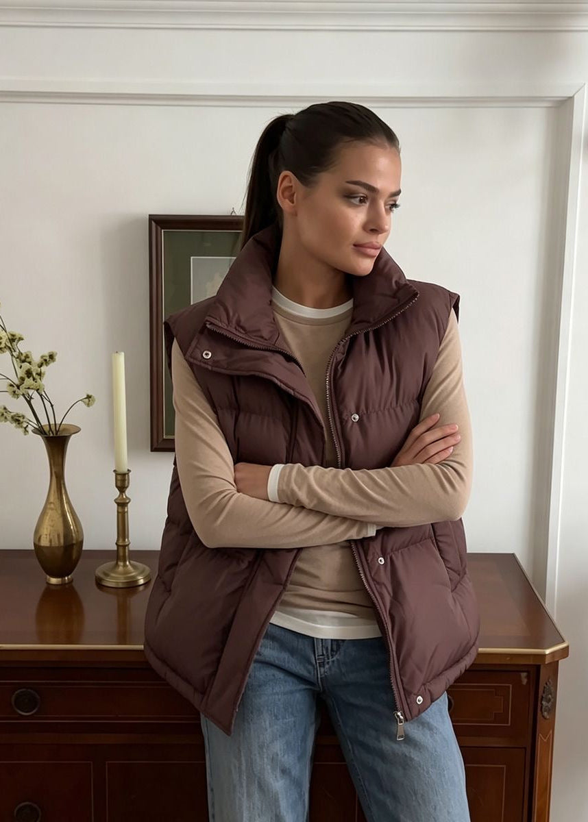 Stand Collar Puffer Vest with Zip Front and Side Pockets