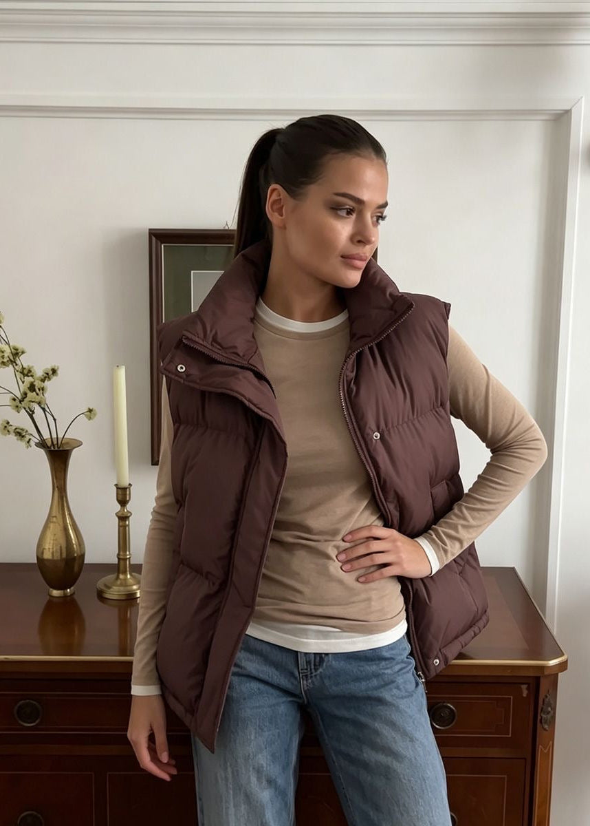 Stand Collar Puffer Vest with Zip Front and Side Pockets