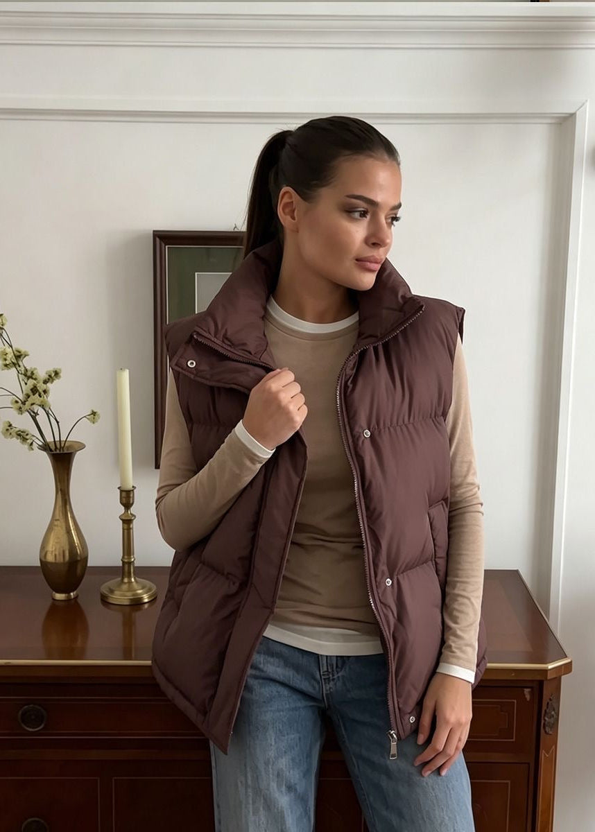 Stand Collar Puffer Vest with Zip Front and Side Pockets
