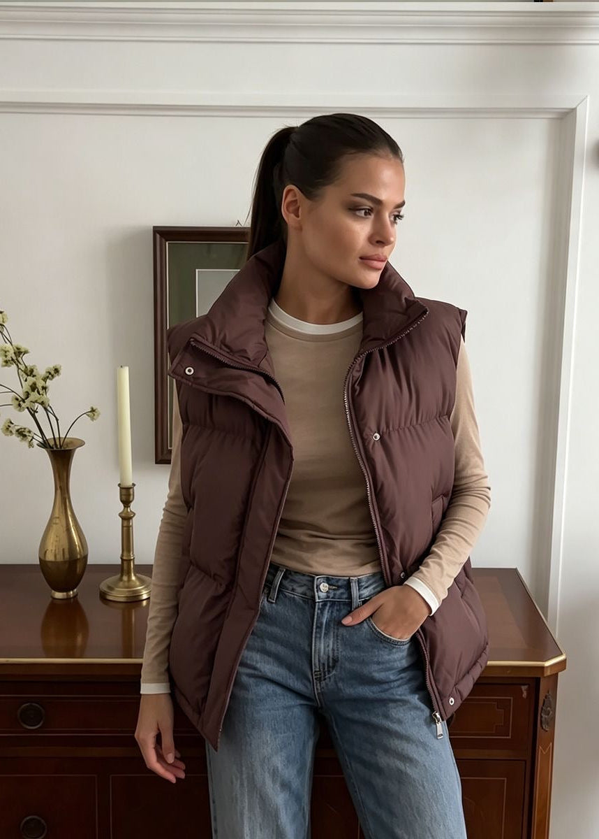 Stand Collar Puffer Vest with Zip Front and Side Pockets