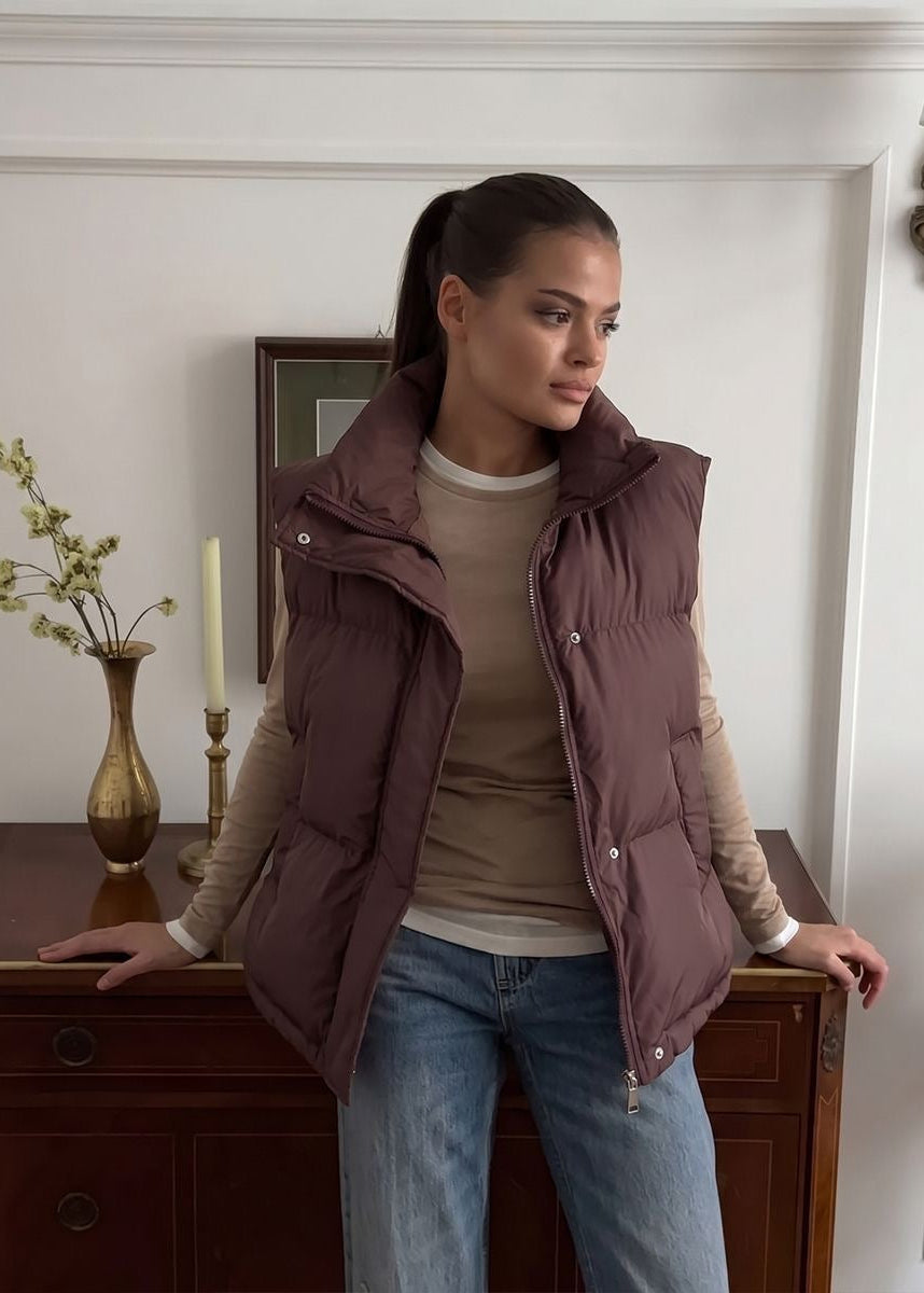 Stand Collar Puffer Vest with Zip Front and Side Pockets