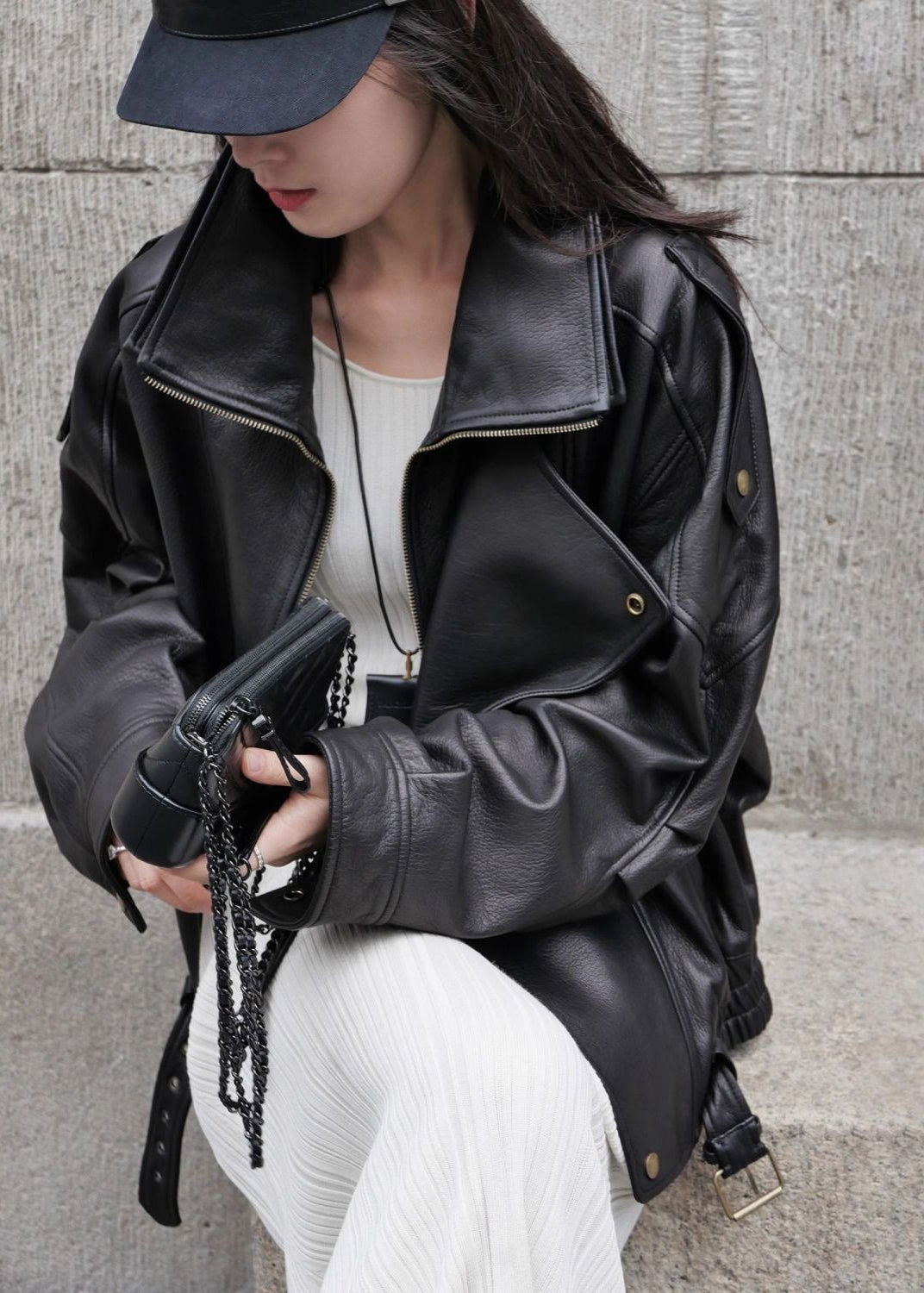 Aurora – Oversized Black Leather Jacket with Belt Detail