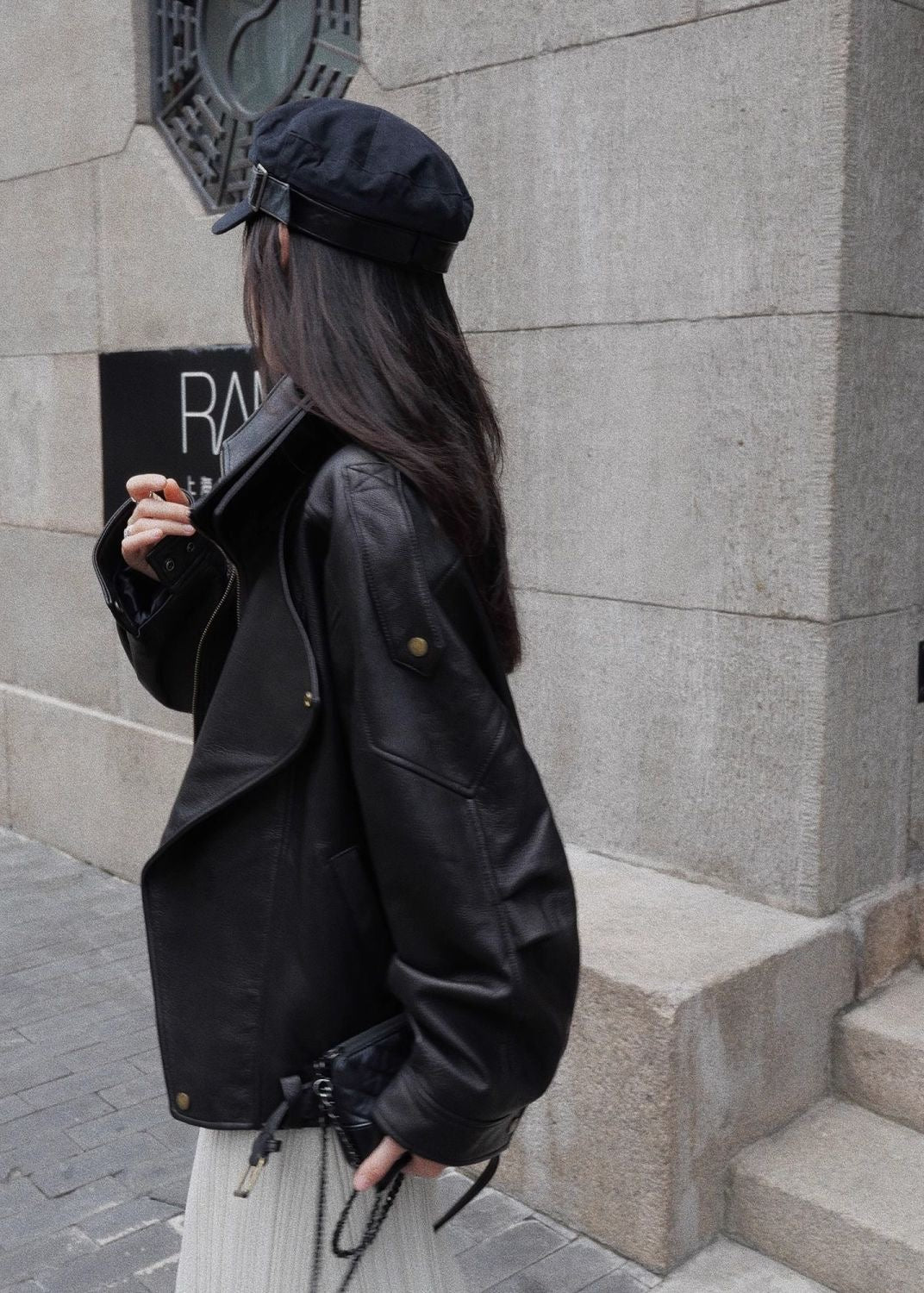 Aurora – Oversized Black Leather Jacket with Belt Detail