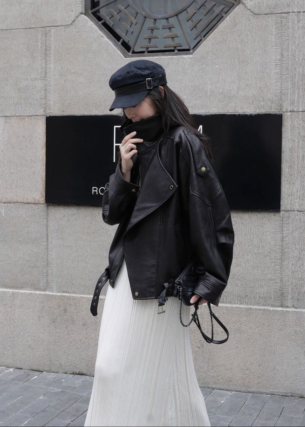 Aurora – Oversized Black Leather Jacket with Belt Detail