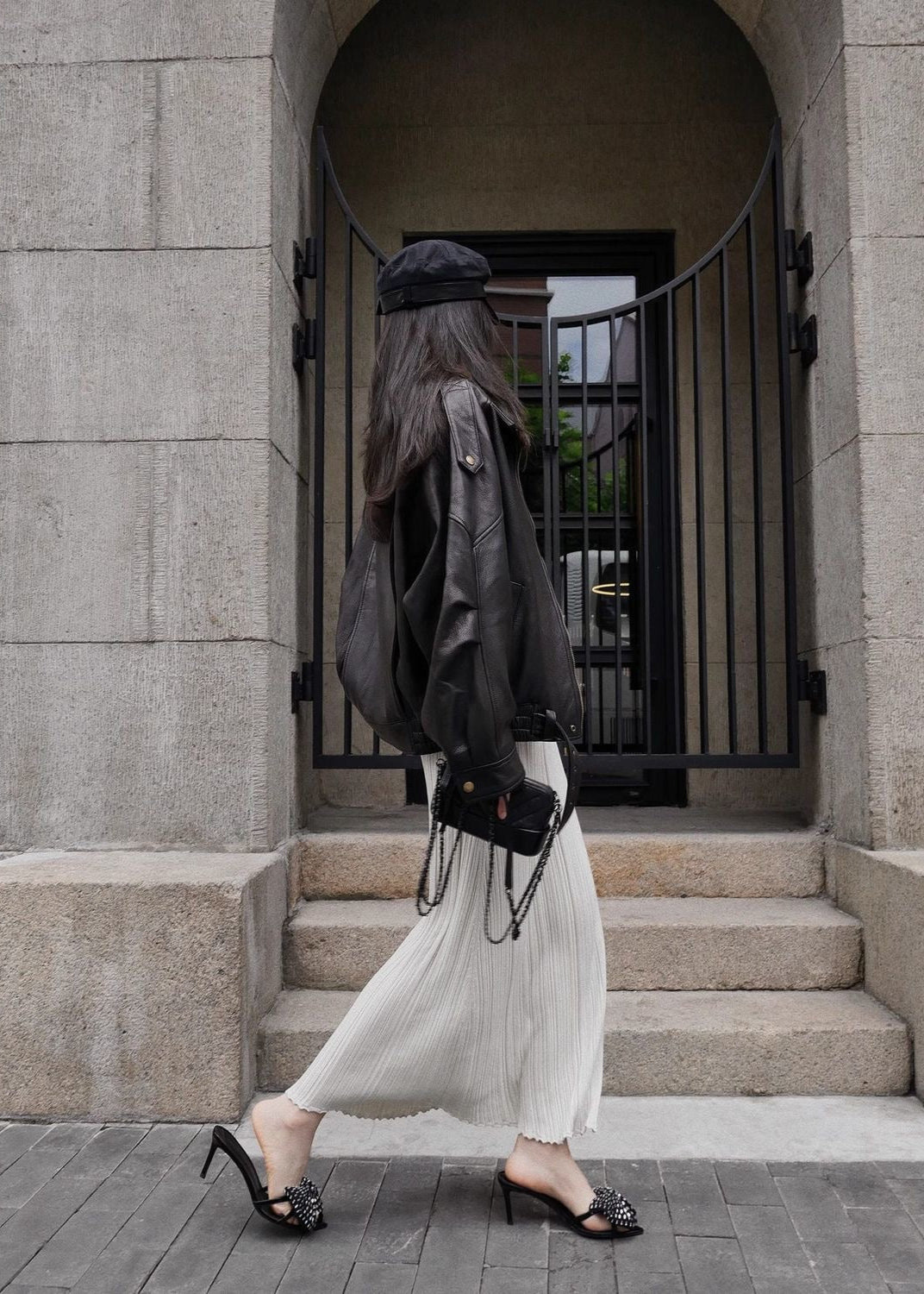 Aurora – Oversized Black Leather Jacket with Belt Detail