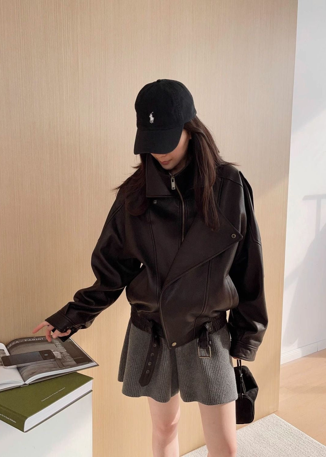 Aurora – Oversized Black Leather Jacket with Belt Detail