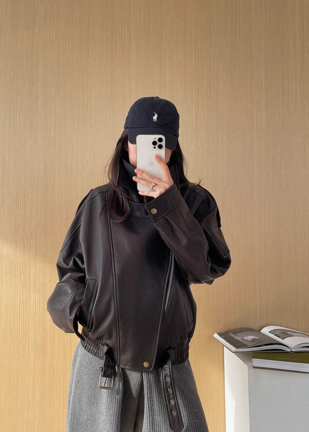 Aurora – Oversized Black Leather Jacket with Belt Detail