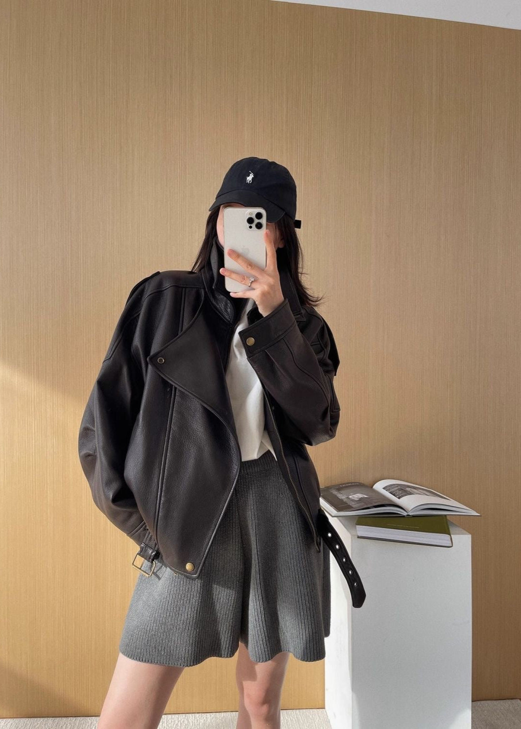 Aurora – Oversized Black Leather Jacket with Belt Detail