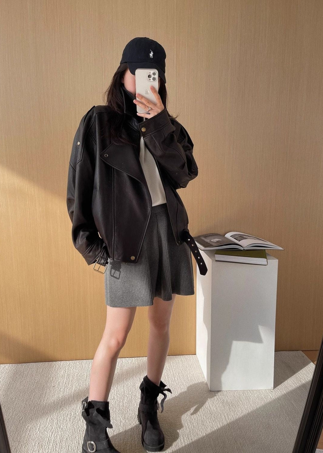 Aurora – Oversized Black Leather Jacket with Belt Detail