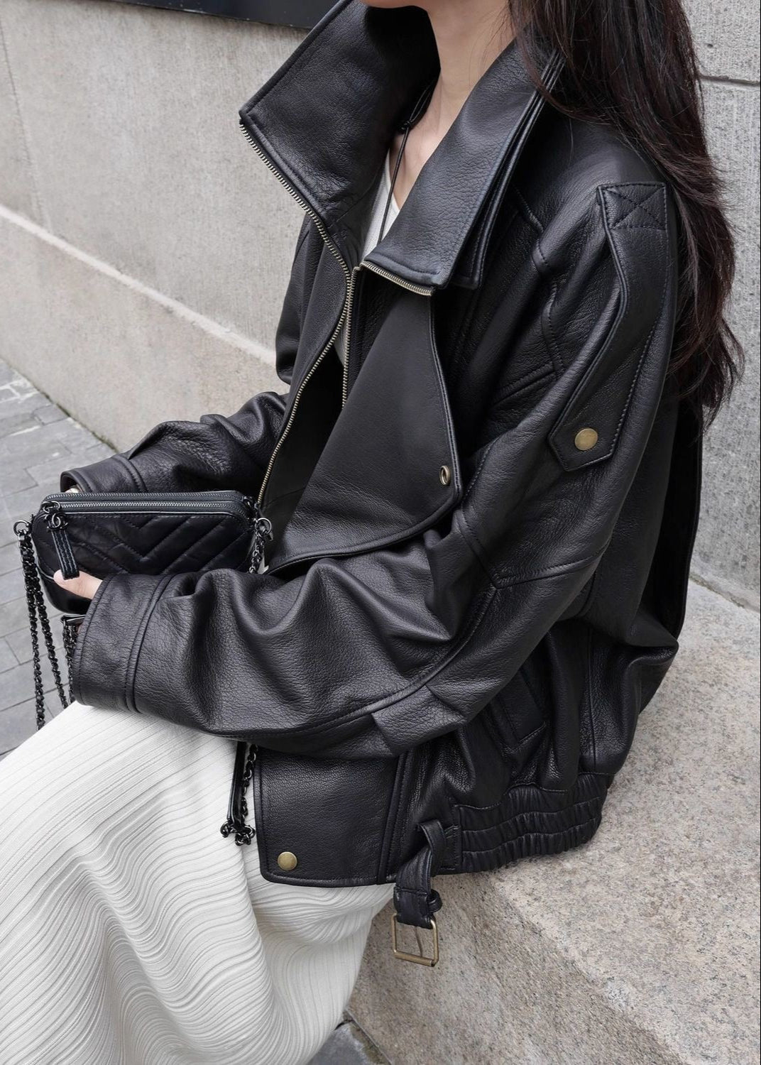 Aurora – Oversized Black Leather Jacket with Belt Detail