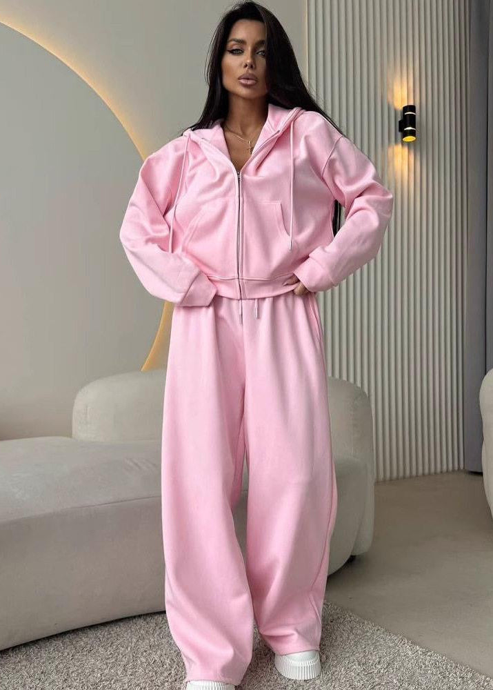 Relaxed Fit Zip-Up Hoodie and Wide-Leg Sweatpants Set