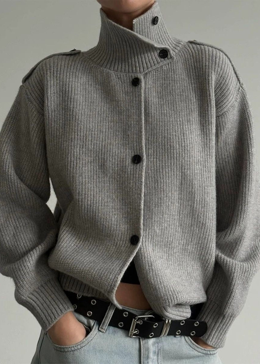Ribbed Knit Stand Collar Cardigan with Button Front