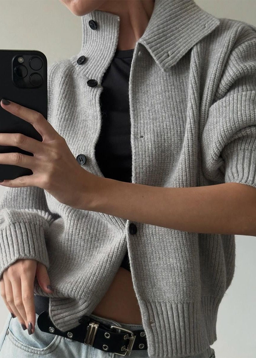 Ribbed Knit Stand Collar Cardigan with Button Front