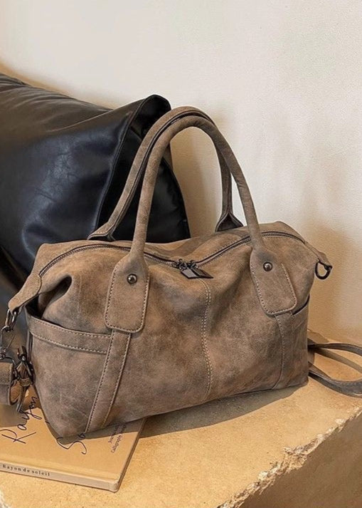 Faux Suede Shoulder Bag – Medium Tote with Top Handles and Crossbody Strap