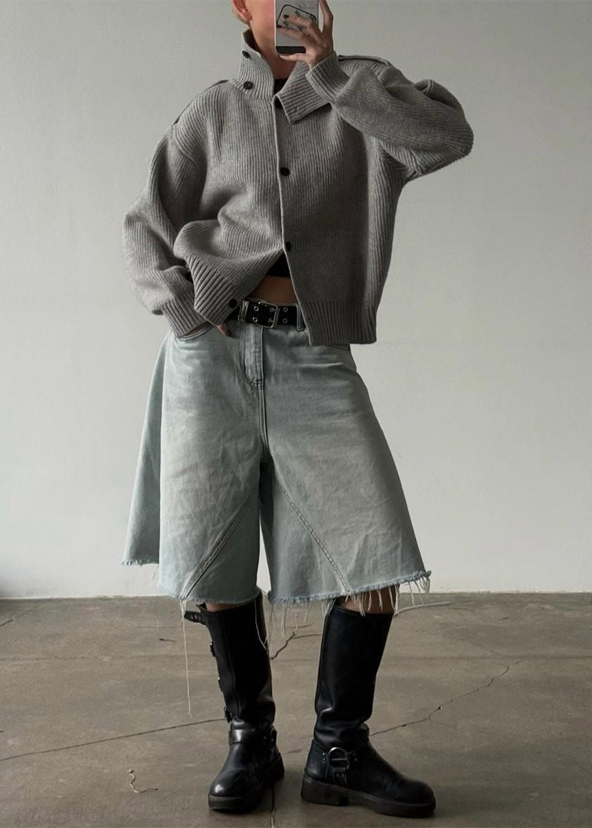 Ribbed Knit Stand Collar Cardigan with Button Front