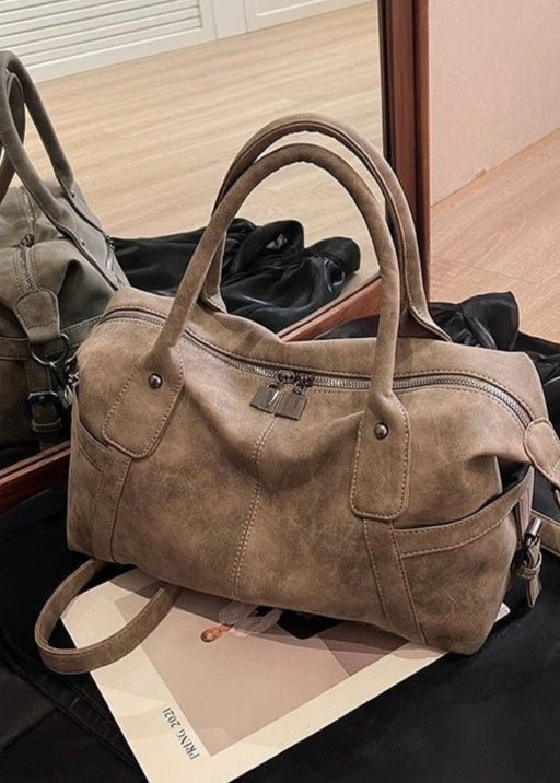 Faux Suede Shoulder Bag – Medium Tote with Top Handles and Crossbody Strap