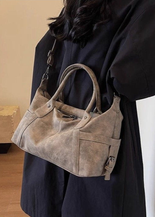 Faux Suede Shoulder Bag – Medium Tote with Top Handles and Crossbody Strap