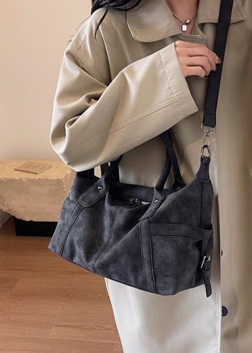 Faux Suede Shoulder Bag – Medium Tote with Top Handles and Crossbody Strap