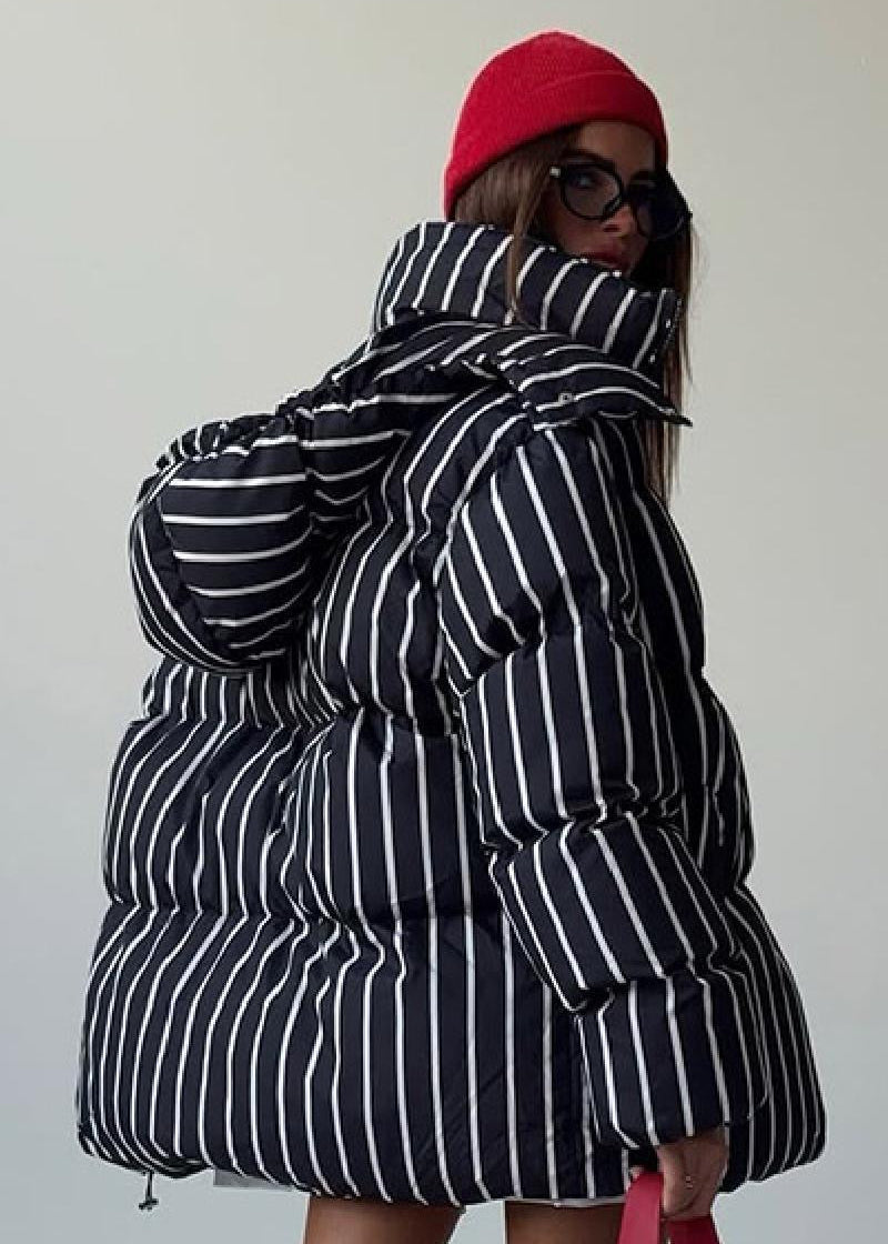 Striped Hooded Puffer Jacket with Oversized Silhouette