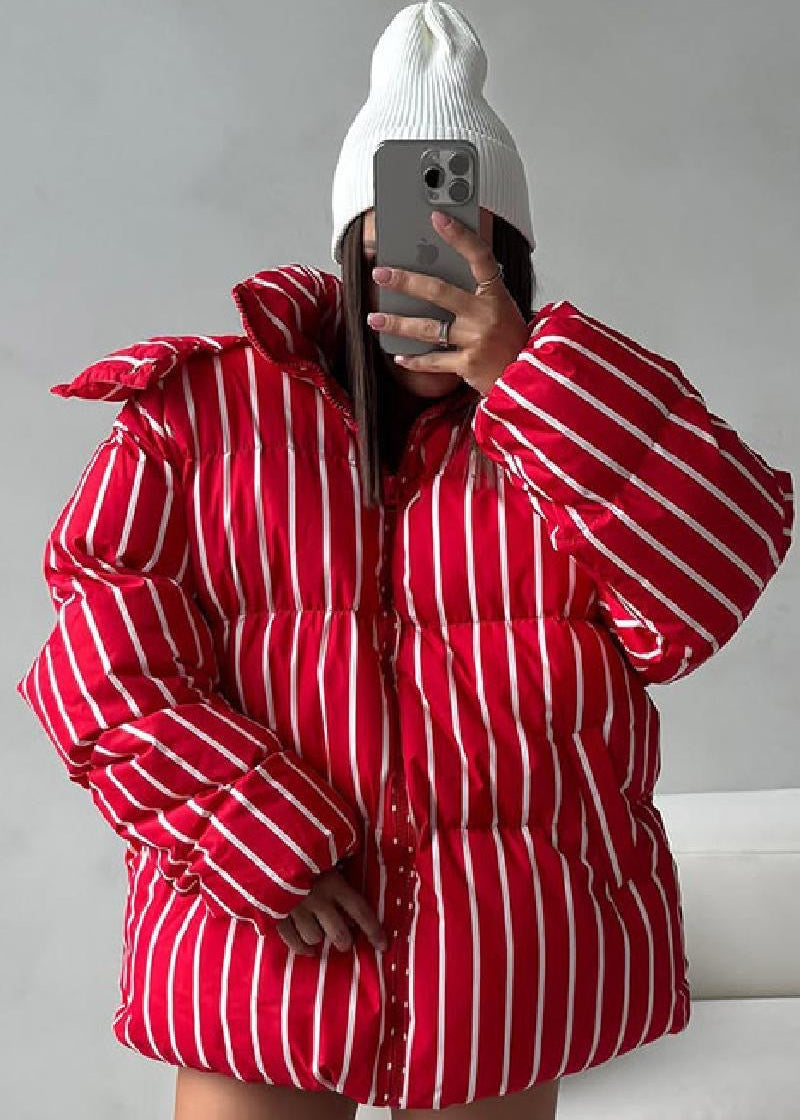 Striped Hooded Puffer Jacket with Oversized Silhouette