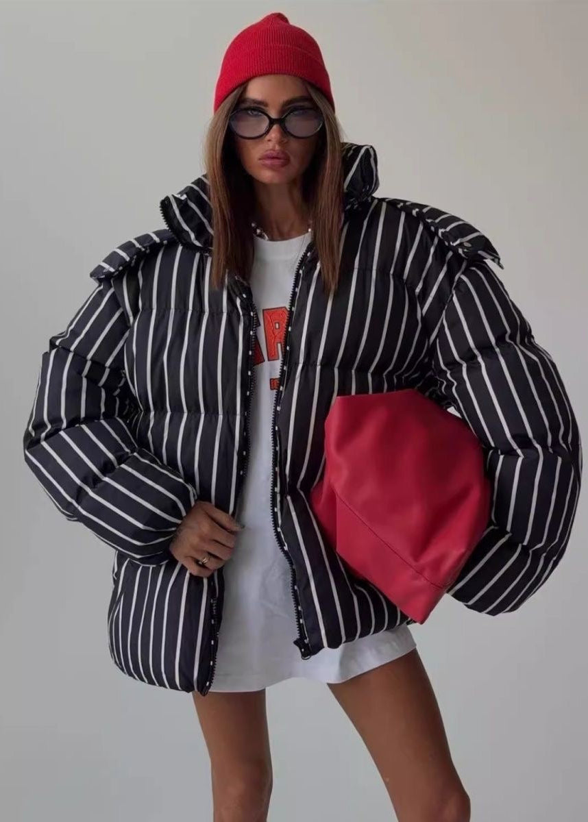 Striped Hooded Puffer Jacket with Oversized Silhouette
