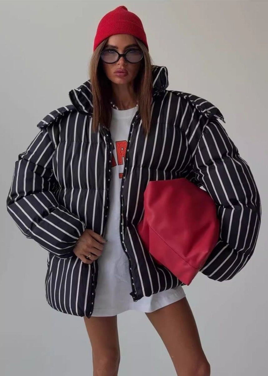 Striped Hooded Puffer Jacket with Oversized Silhouette