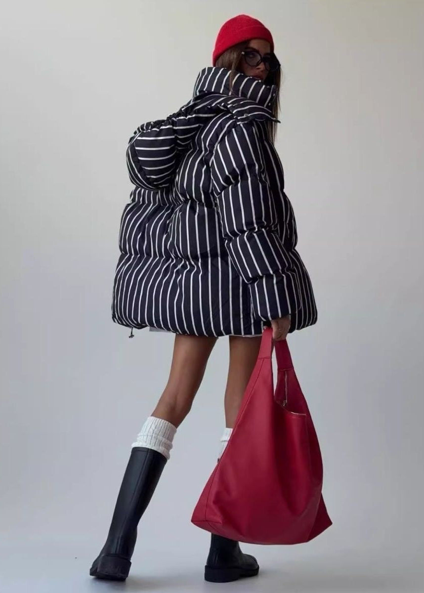 Striped Hooded Puffer Jacket with Oversized Silhouette