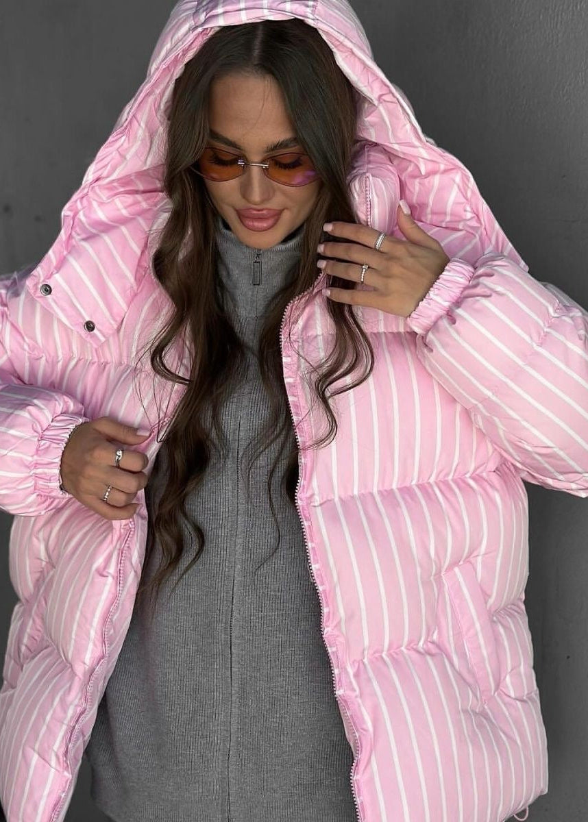 Striped Hooded Puffer Jacket with Oversized Silhouette