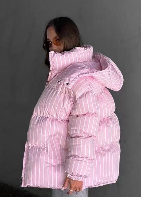 Striped Hooded Puffer Jacket with Oversized Silhouette