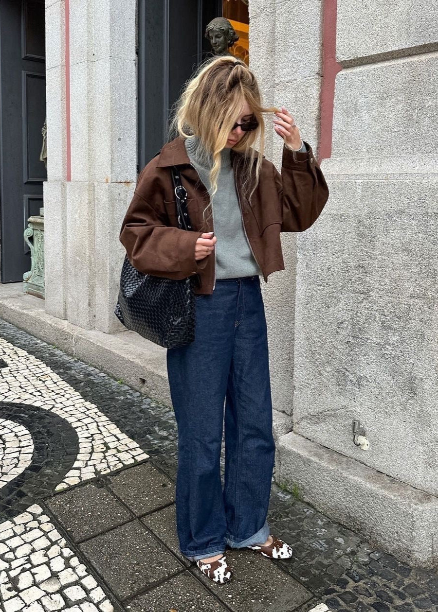 Cropped Brown Jacket – Zip Front Faux Suede Outerwear
