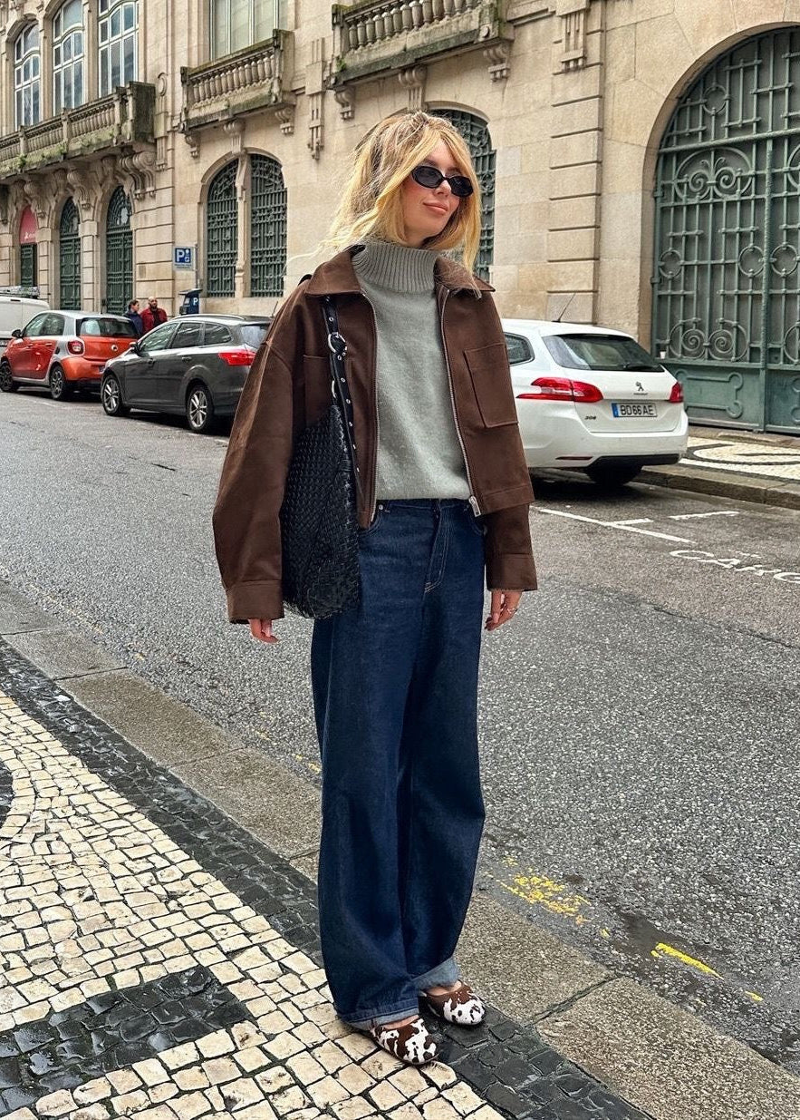 Cropped Brown Jacket – Zip Front Faux Suede Outerwear