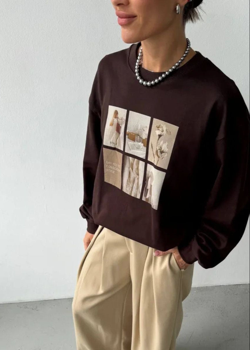 Felpa a maniche lunghe con stampa grafica – Pullover a vestibilità comoda