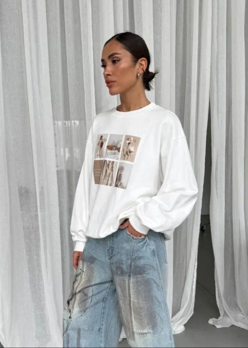 Felpa a maniche lunghe con stampa grafica – Pullover a vestibilità comoda