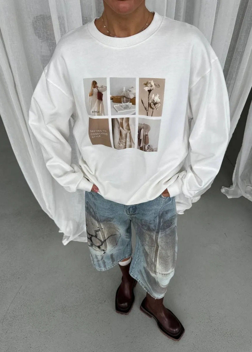 Felpa a maniche lunghe con stampa grafica – Pullover a vestibilità comoda