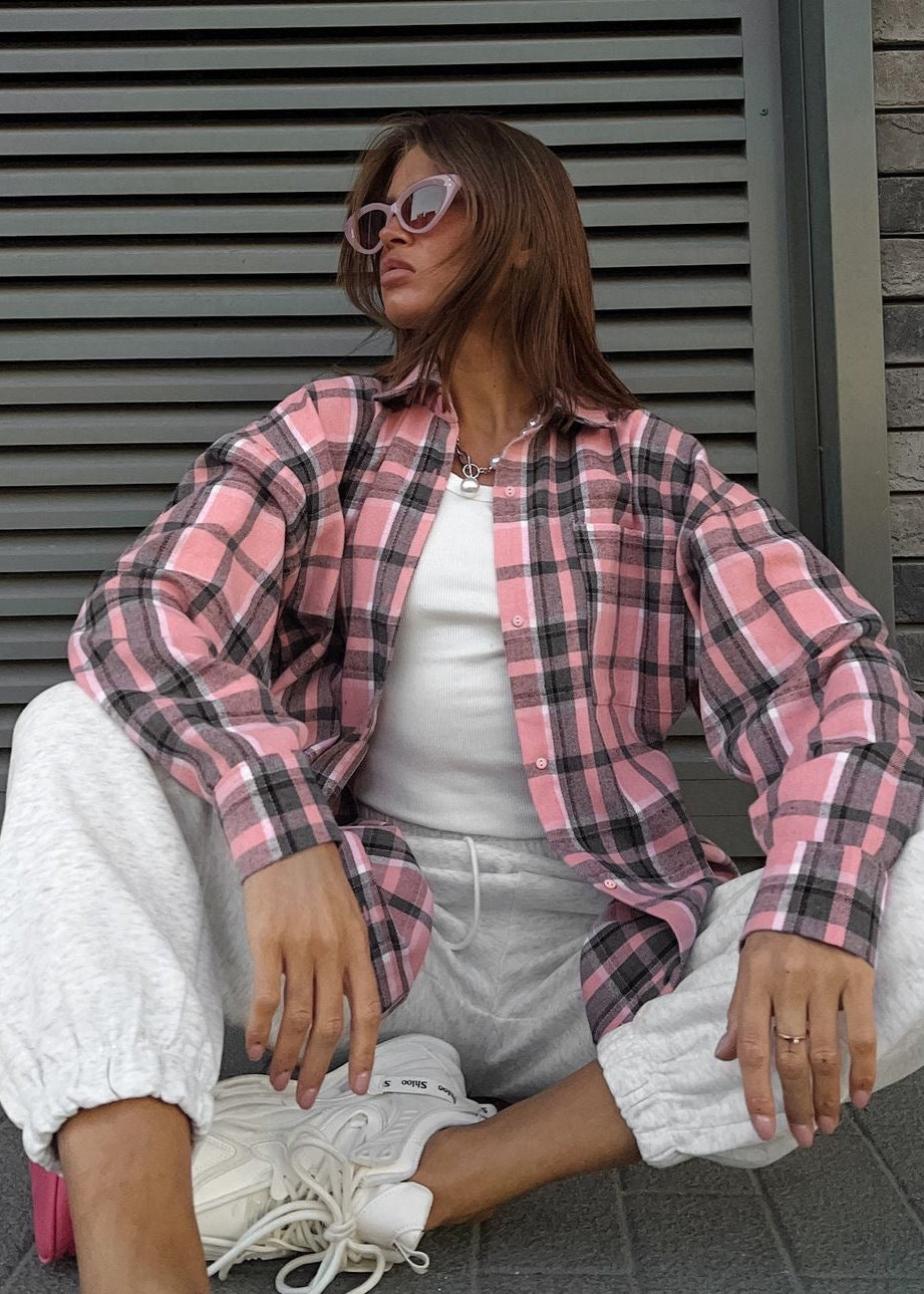 Oversized Plaid Button-Down Shirt – Long Sleeve Casual Top