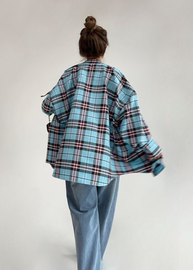 Oversized Plaid Shirt – Long Sleeve Button-Down in Blue and Pink