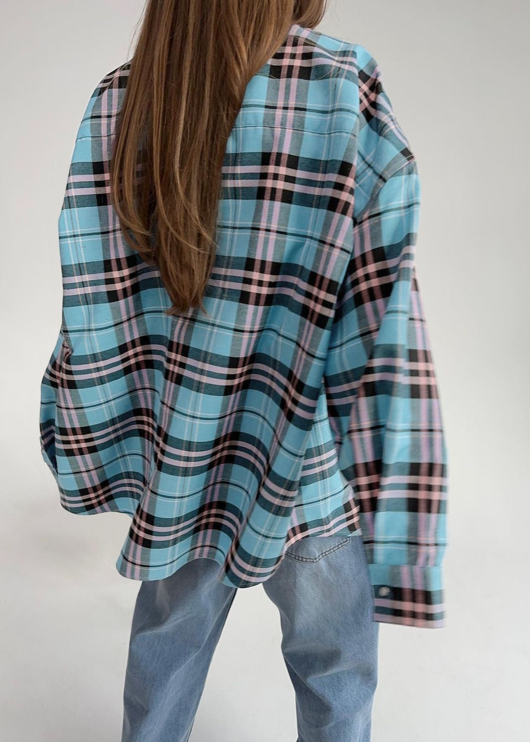 Oversized Plaid Shirt – Long Sleeve Button-Down in Blue and Pink