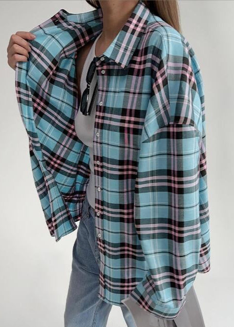 Oversized Plaid Shirt – Long Sleeve Button-Down in Blue and Pink