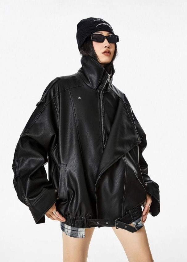 Oversized Faux Leather Jacket – Black Moto Style with Wide Collar