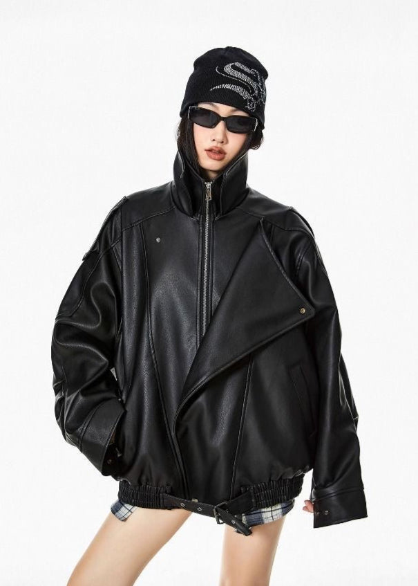 Oversized Faux Leather Jacket – Black Moto Style with Wide Collar