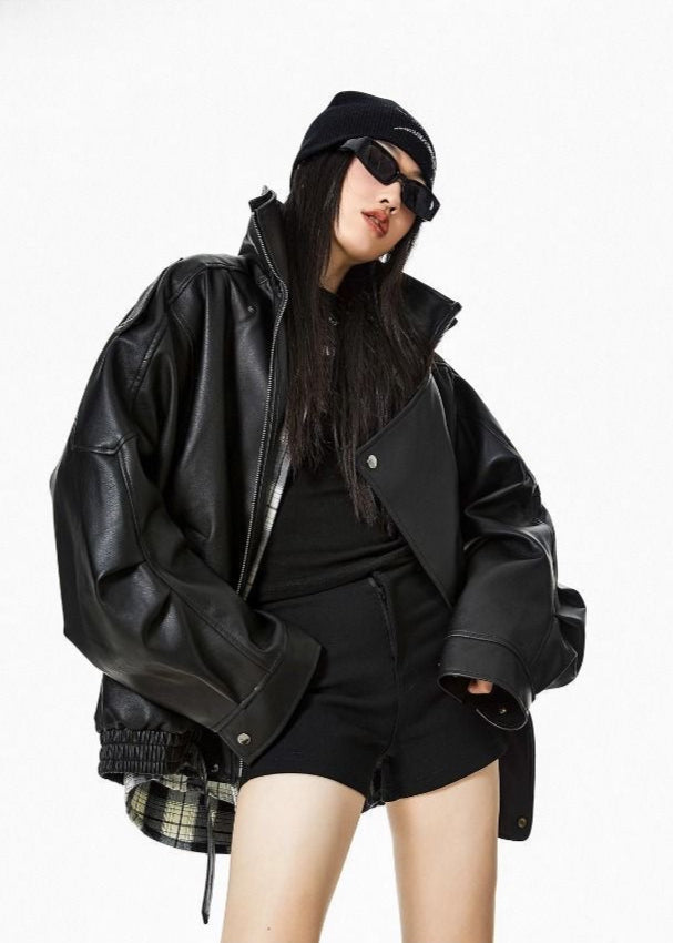 Oversized Faux Leather Jacket – Black Moto Style with Wide Collar