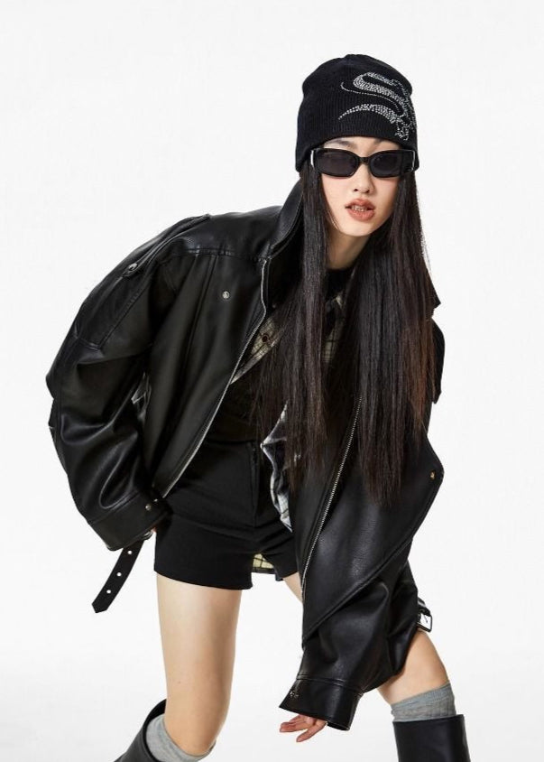 Oversized Faux Leather Jacket – Black Moto Style with Wide Collar