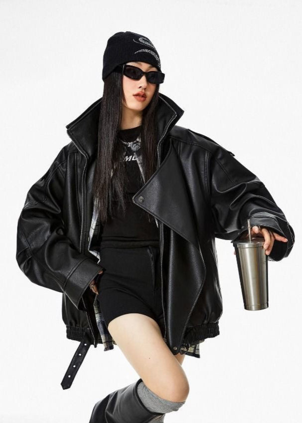 Oversized Faux Leather Jacket – Black Moto Style with Wide Collar