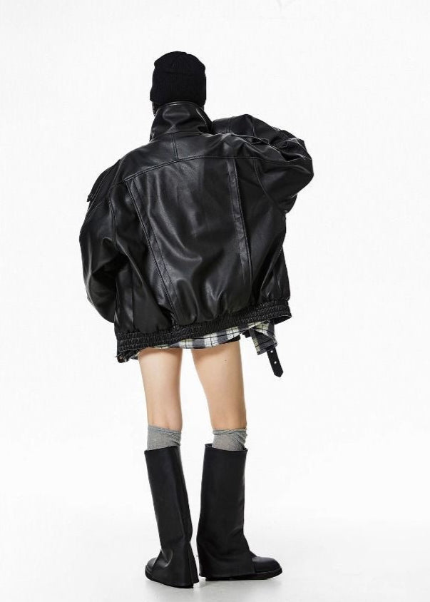 Oversized Faux Leather Jacket – Black Moto Style with Wide Collar