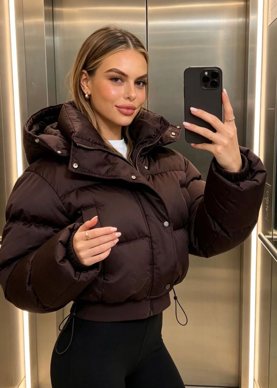 Cropped Puffer Jacket with Oversized Sleeves and High Collar